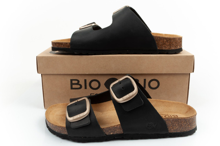 Bio Bio Damen-Flip-Flops, vorgeformte Zehenstegsohlen, Naturleder, Schwarz