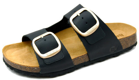 Bio Bio Damen-Flip-Flops, vorgeformte Zehenstegsohlen, Naturleder, Schwarz