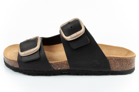 Bio Bio Damen-Flip-Flops, vorgeformte Zehenstegsohlen, Naturleder, Schwarz