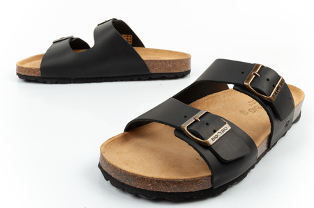 Bio Bio Herren-Flip-Flops, vorgeformte Zehenstegsohlen, Naturleder, Schwarz