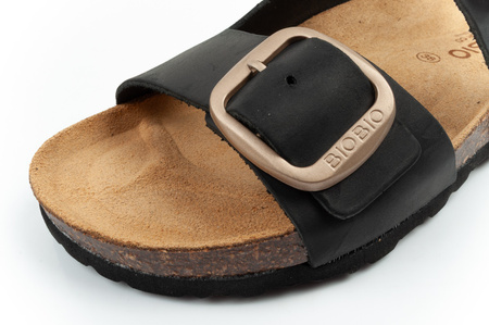 Bio Bio Damen-Flip-Flops, vorgeformte Zehenstegsohlen, Naturleder, Schwarz