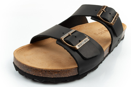 Bio Bio Herren-Flip-Flops, vorgeformte Zehenstegsohlen, Naturleder, Schwarz