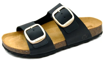 Bio Bio Damen-Flip-Flops, vorgeformte Zehenstegsohlen, Naturleder, Schwarz