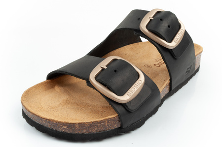 Bio Bio Damen-Flip-Flops, vorgeformte Zehenstegsohlen, Naturleder, Schwarz