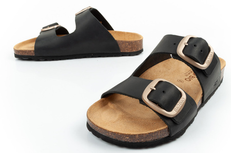 Bio Bio Damen-Flip-Flops, vorgeformte Zehenstegsohlen, Naturleder, Schwarz